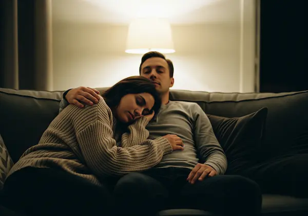 Cozy couple cuddling on a grey couch in a dimly lit living room, woman resting her head on the man's shoulder.