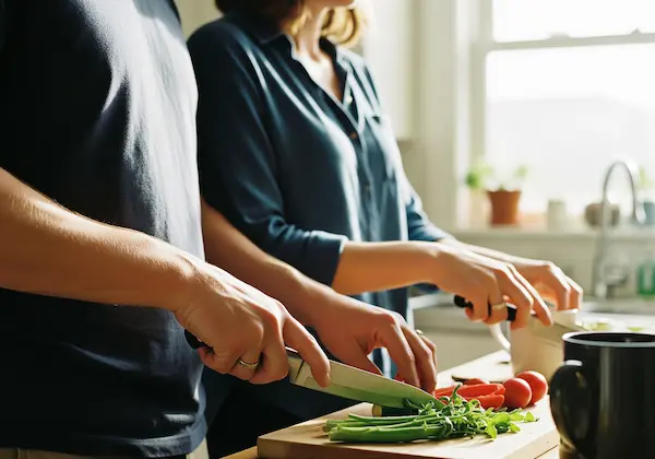 Close-up of husband and wife's hands wearing wedding rings while standing side-by-side in a sunlit kitchen.