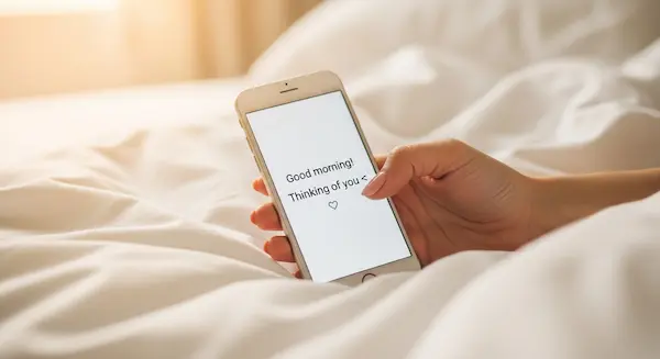 A close-up of a smartphone screen displaying a short love poem text message, held by a woman in a cozy, romantic setting.