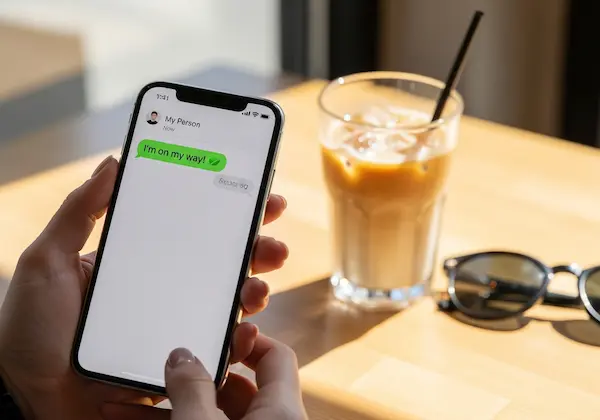 POV shot of a woman's hand holding an iPhone displaying a cute text message to her boyfriend, with iced coffee in the background.
