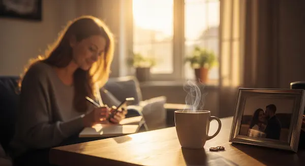 A cozy scene of a wife sitting in soft background light, thoughtfully writing a love poem or text message for her husband, with a wedding ring visible in the foreground.