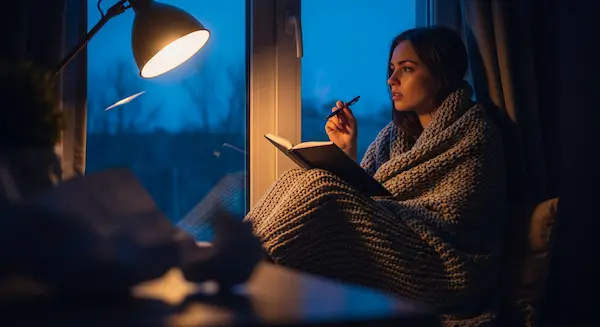 A cinematic image of a woman sitting by a rainy window or in soft candlelight, deeply focused on writing an emotional love poem in a leather journal.