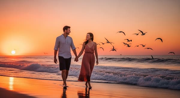 Couple walking along the beach at sunset, symbolizing beach love poems and romance by the sea.