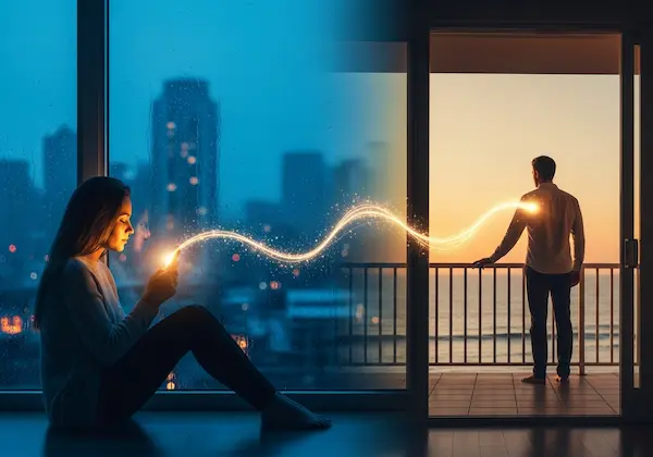 Long distance couple separated by different cities but connected by a glowing magical thread of light from their phones.