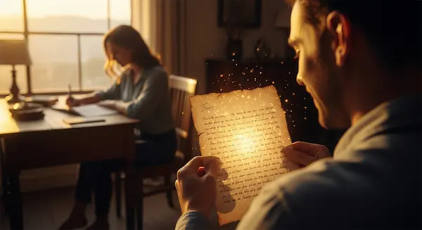 A man smiling warmly in the foreground while reading a handwritten love poem, with a woman writing at a desk in the soft-focus background, symbolizing the connection of love poetry.