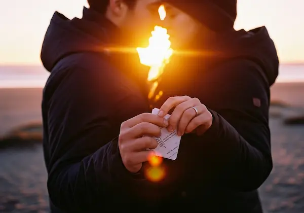 Cinematic shot of a couple embracing on a beach at golden hour holding a handwritten love note.