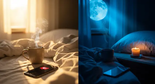 Good morning and good night poems for him feature image showing sunrise coffee and moonlight atmosphere.