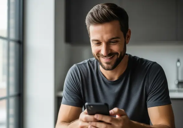 Man smiling at romantic text message, feeling the psychology of daily affirmation and love.