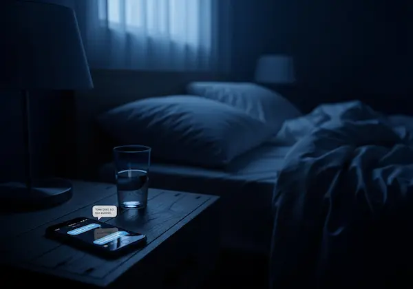 Glowing phone screen on nightstand representing romantic good night messages for him and peaceful sleep.