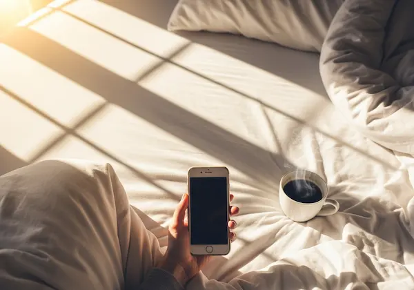 Aesthetic morning setting with coffee and phone, representing good morning poems for him to wake up to.