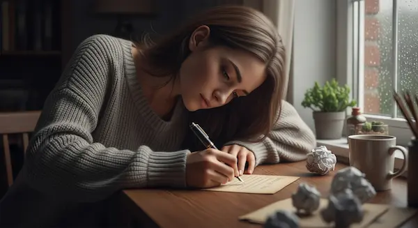 A thoughtful woman writing handwritten apology poems for him by a rainy window.